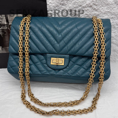 Chanel 2.55 Blue Gold Chevron Vintage Calfskin Chain Shoulder Crossbody Bag