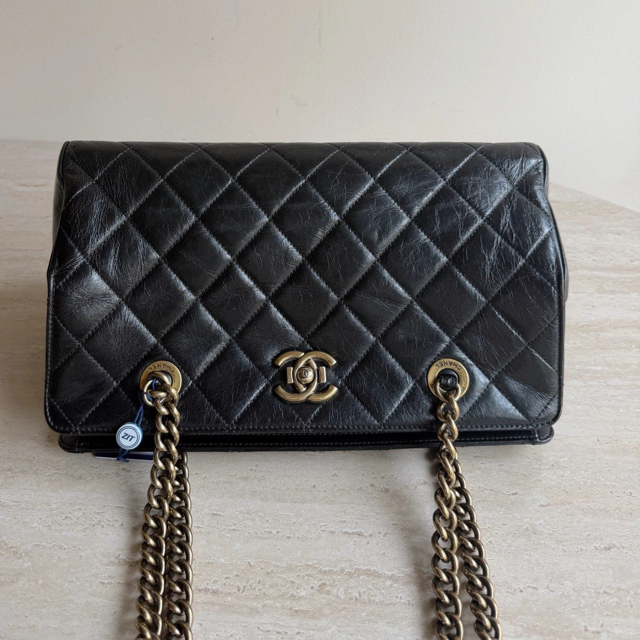 Chanel Diamond Tote Gold Hardware Chain Shoulder Bag in Black Leather