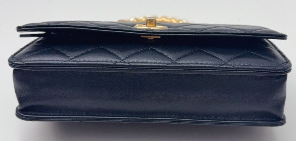 Chanel WOC Pearl Hand Strap Top Handle Chain Crossbody Black Gold Women Classic