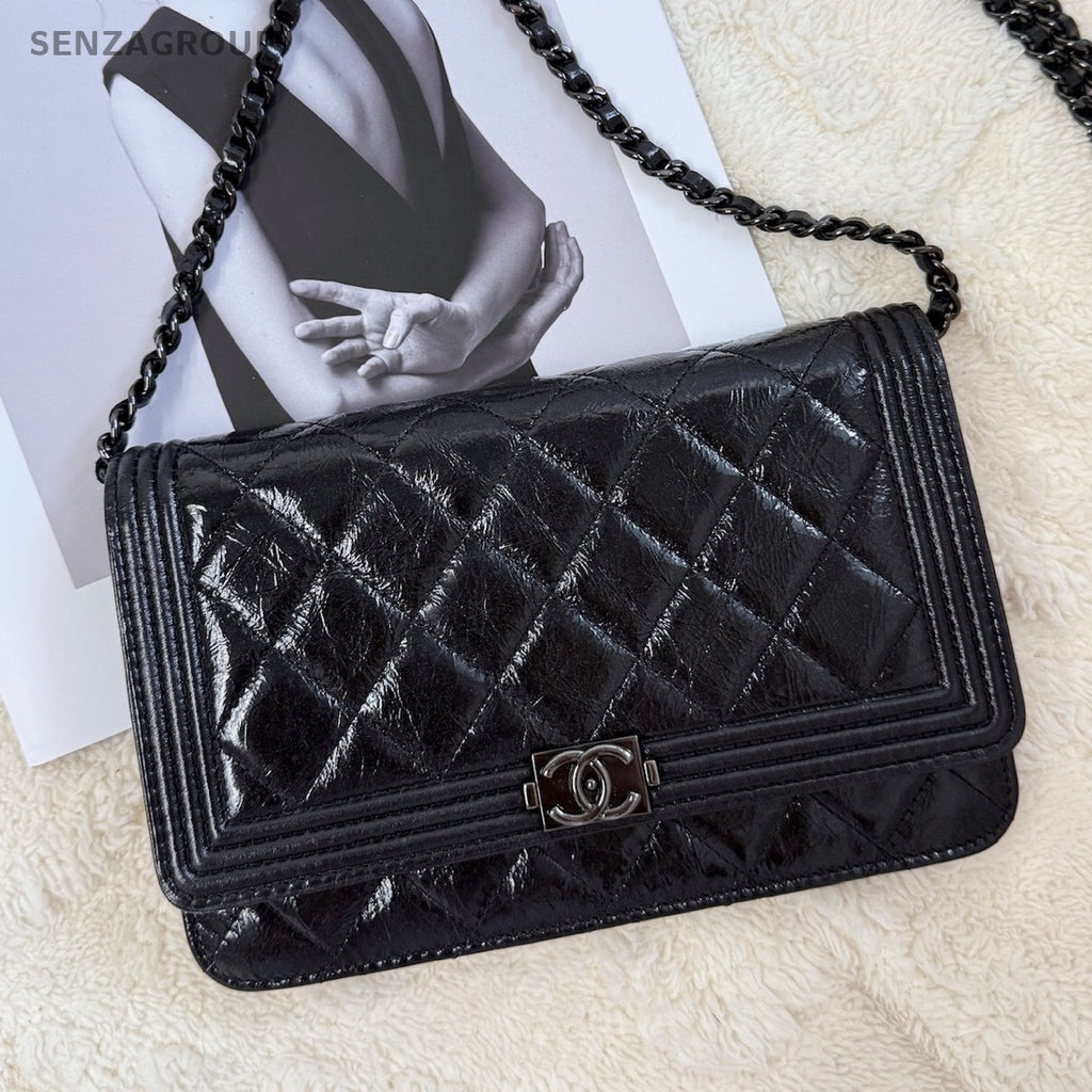 Chanel Le Boy WOC Black Silver Chain Shoulder Crossbody Bag Women Classic