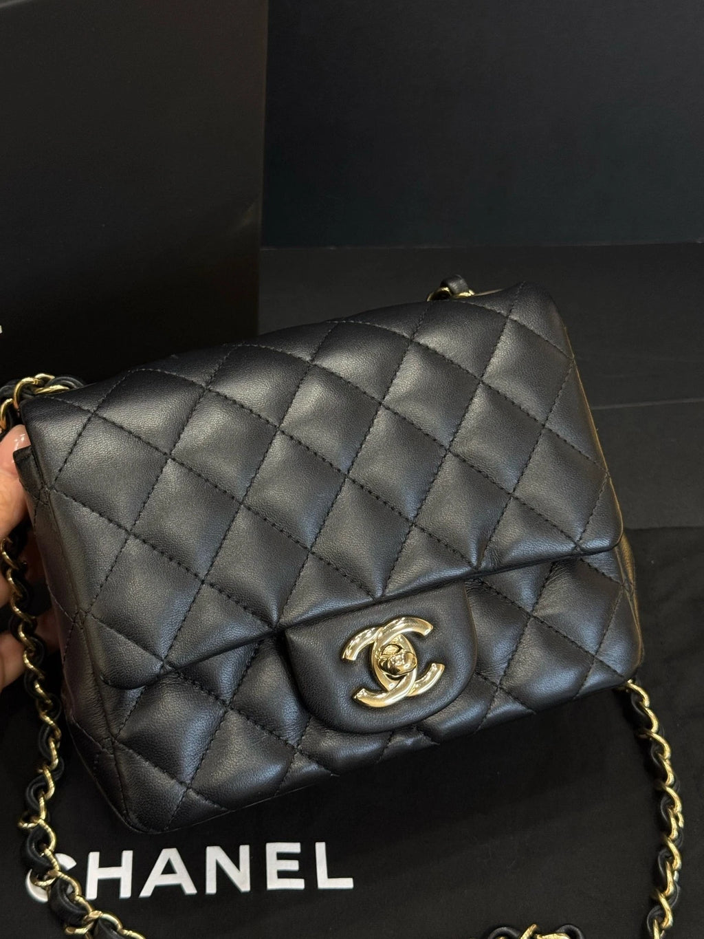 CHANEL Black Gold Lambskin Square Mini Chain Bag For Women