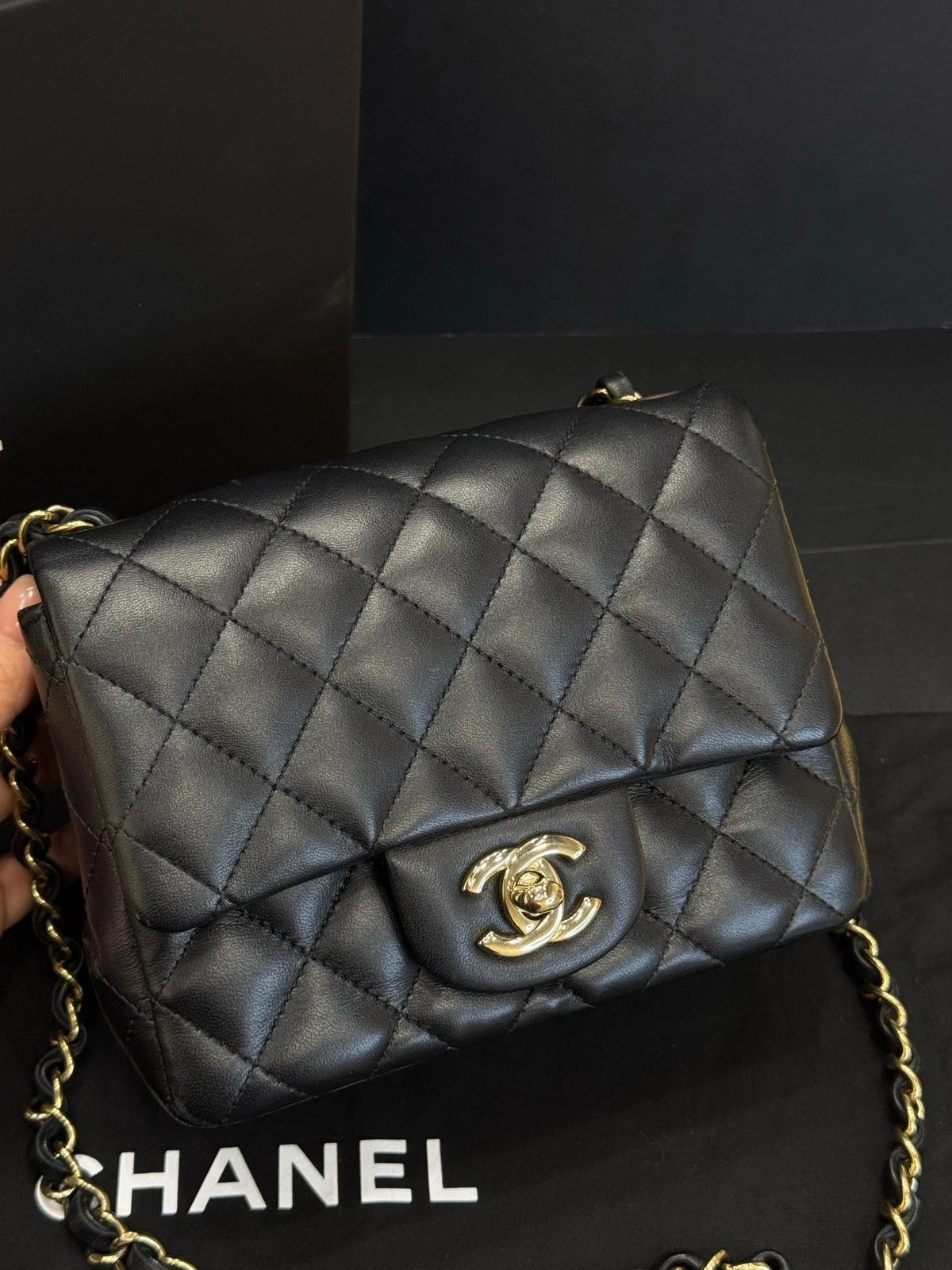 CHANEL Black Gold Lambskin Square Mini Chain Bag For Women