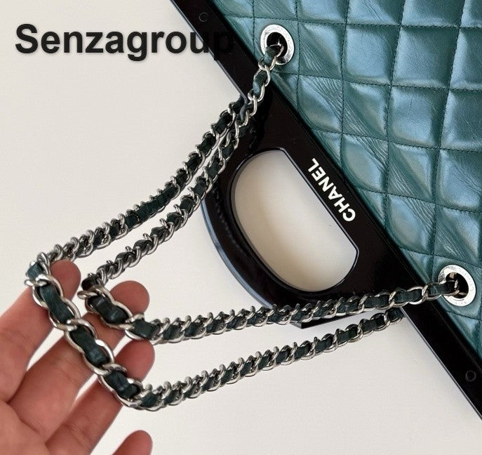 Chanel Diamond Chain Top Handle Shoulder Crossbody Green Silver Women Classic