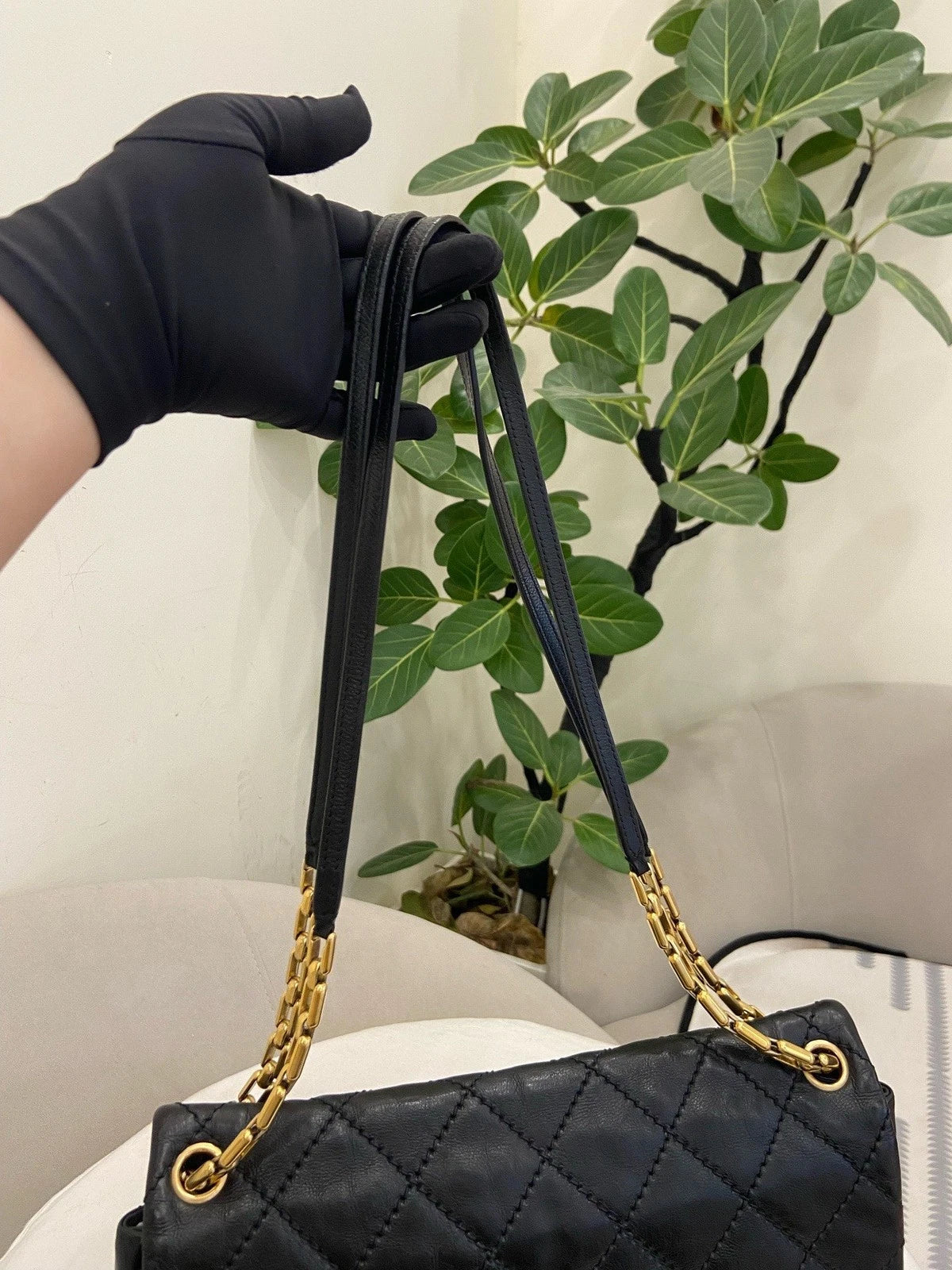Chanel Classic Flap Diamond Chain Shoulder Crossbody Black Gold Used Women