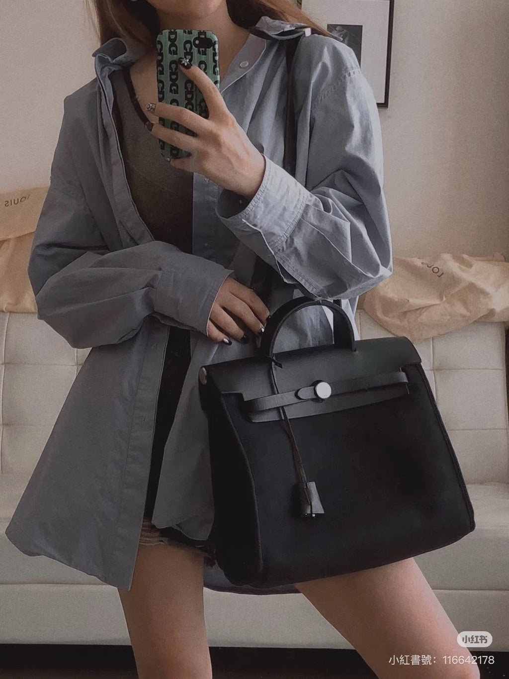 Hermes Herbag Backpack Top Handle Bag Black Silver Women Classic