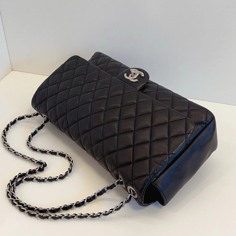 Chanel Classic Flap Chain Black Shoulder Bag Crossbody Diamond Silver Hardware