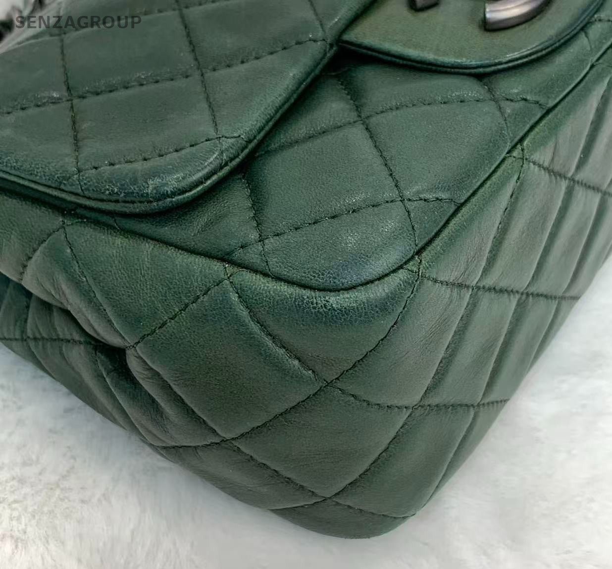 Chanel Classic Flap Mini Lambskin Chain Shoulder Bag Green Silver Women Diamond