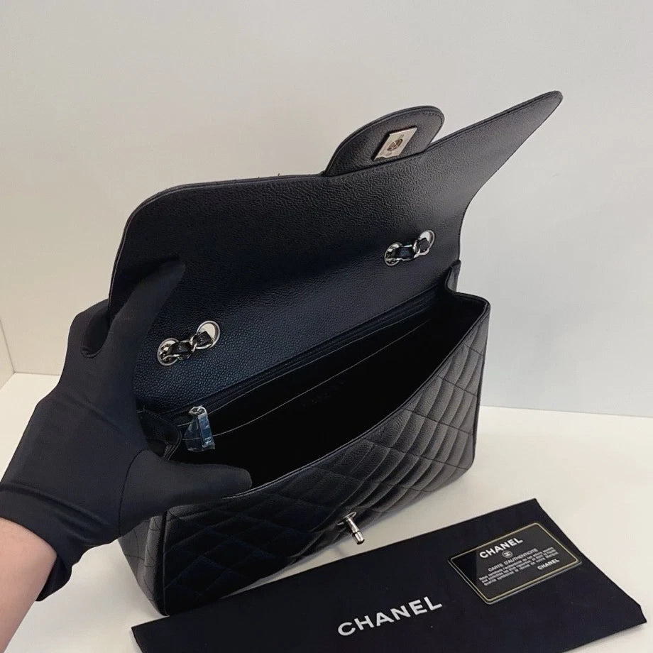 Chanel Flap Jumbo Calfskin Chain Shoulder Crossbody Black Silver Excellent
