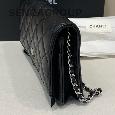 Chanel WOC Lambskin Black Silver Chain Shoulder Crossbody Bag Classic Quilted
