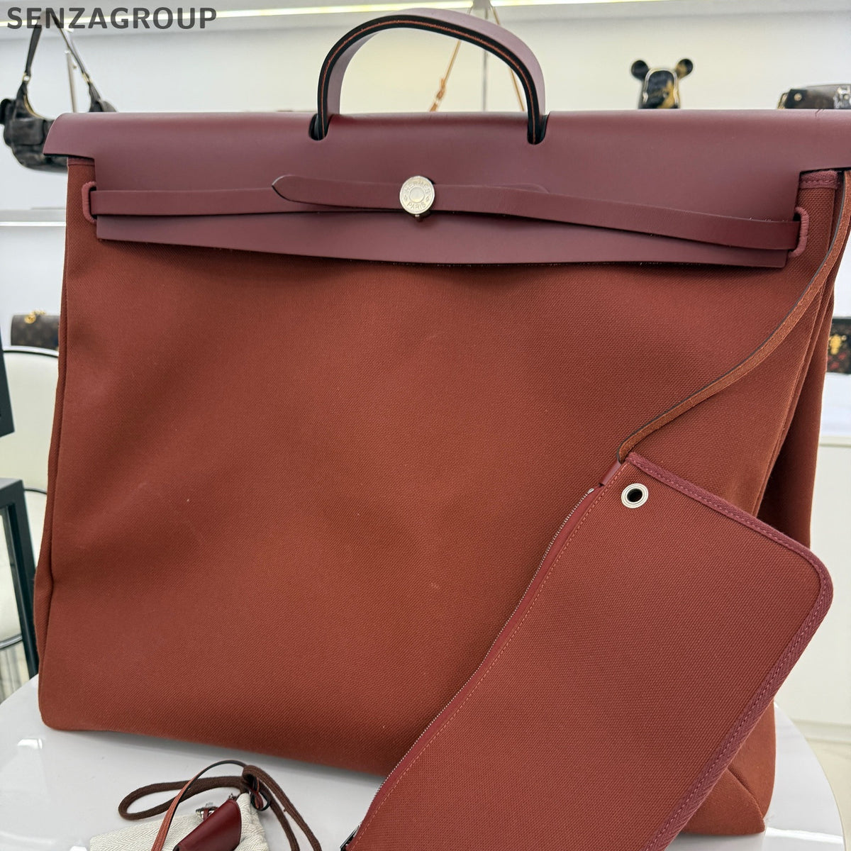 Hermès Herbag 50 Canvas Brick Red Silver Hardware Tote Shoulder Bag Women
