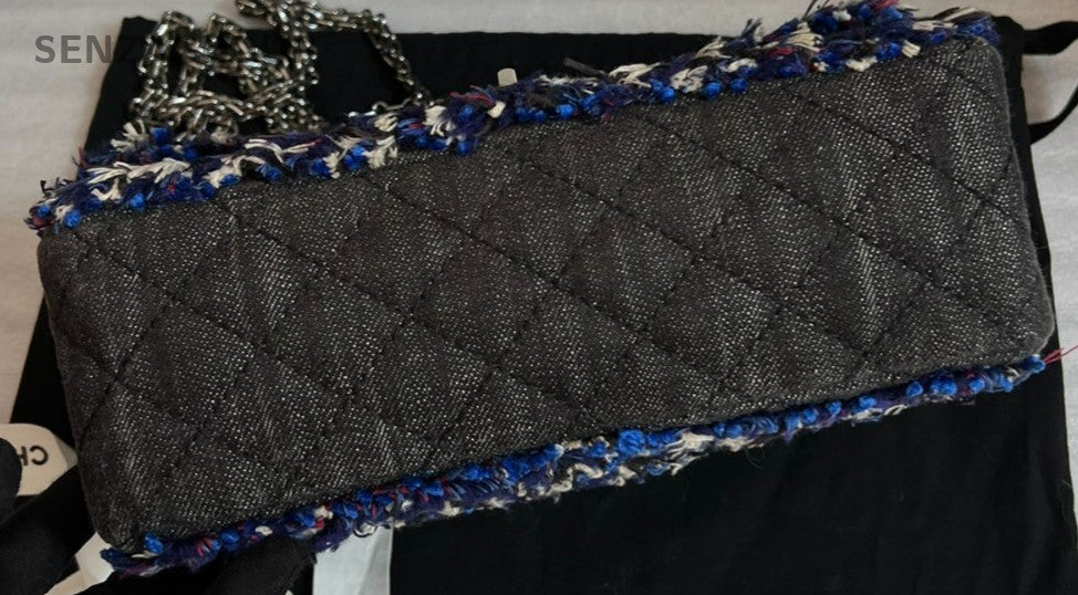 Chanel Denim Chain 2Way Shoulder Bag Crossbody Black Blue Women Classic