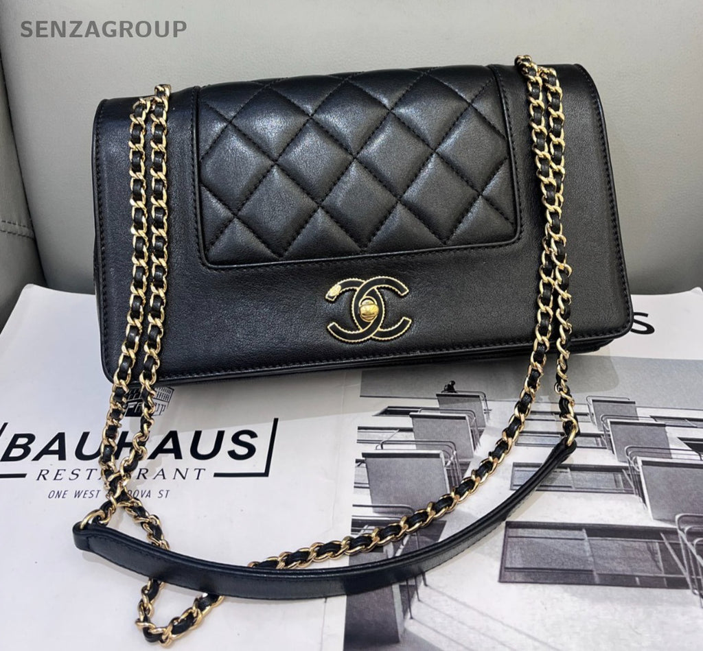 CHANEL Classic Flap Calfskin Chain Shoulder bag Crossbody Black Gold Women
