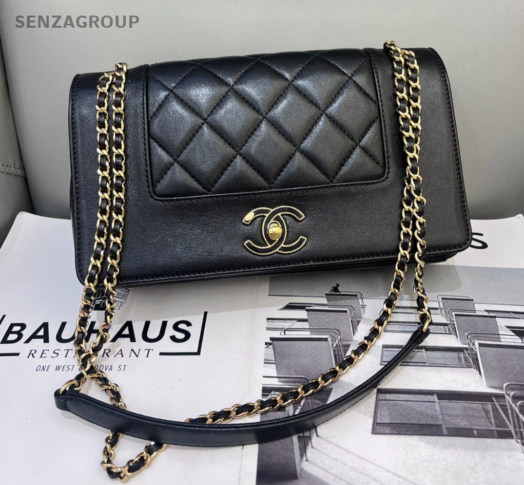 CHANEL Classic Flap Calfskin Chain Shoulder bag Crossbody Black Gold Women