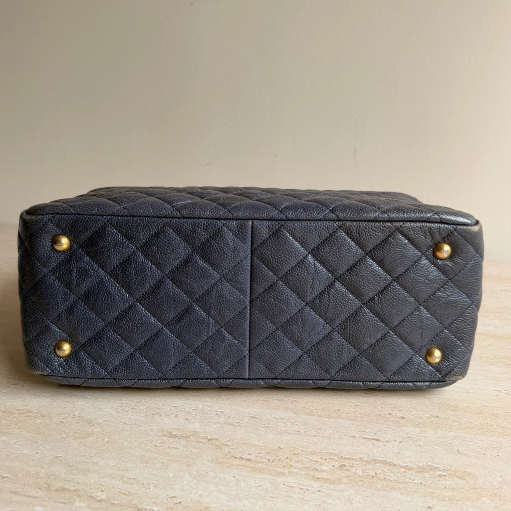 Chanel Calfskin Leather Diamond Navy Tote Gold Chain Shoulder Bag