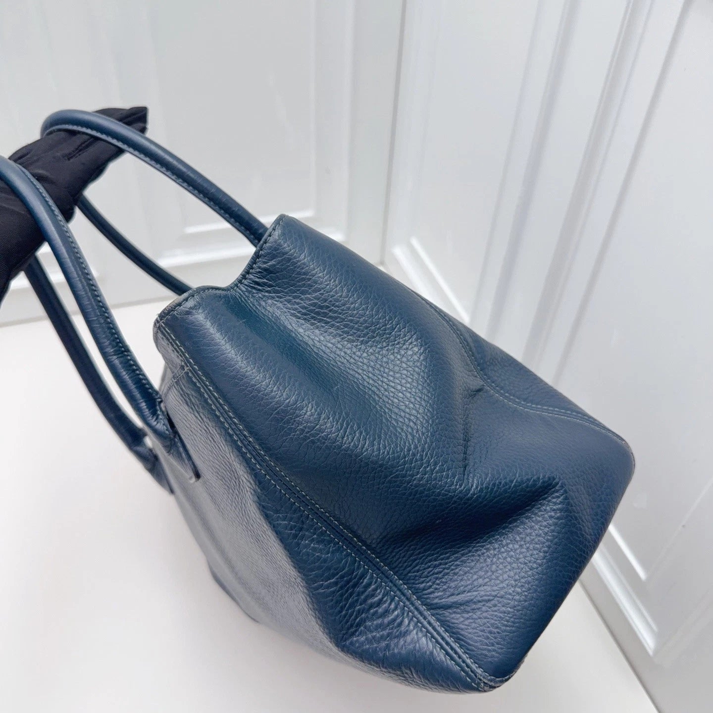 Chanel Cerf Tote Calfskin Shoulder Bag Blue Silver Hardware Women Classic