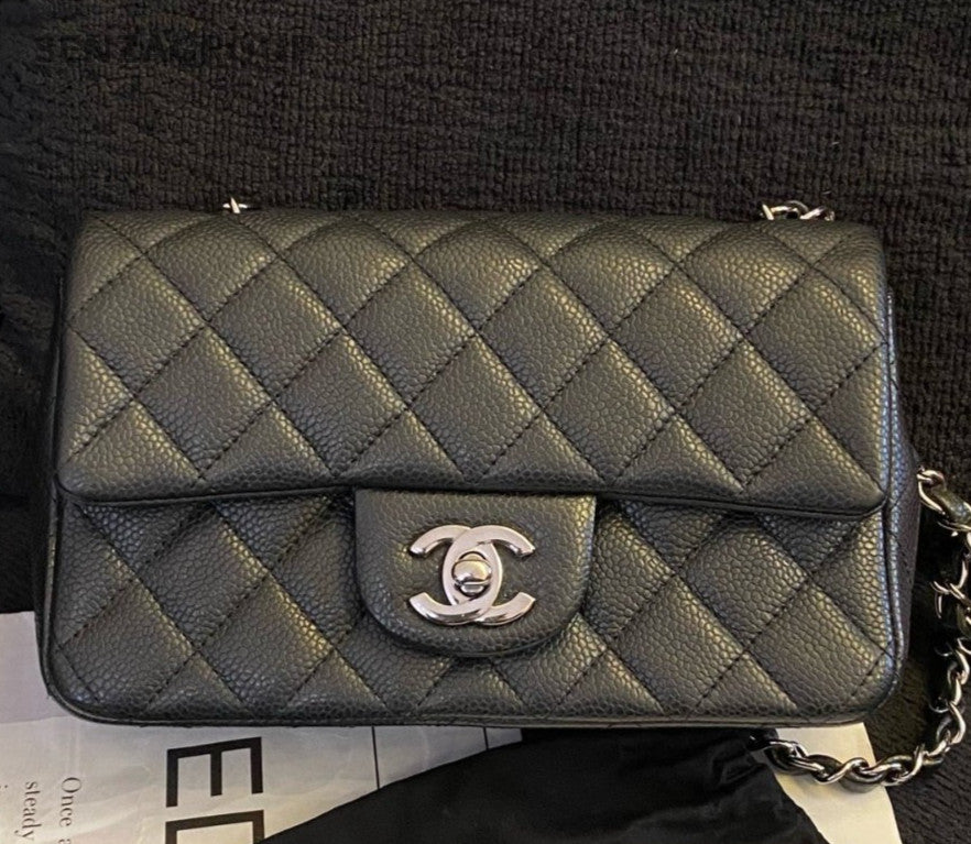 Chanel Classic Flap Mini Chain Shoulder Bag Black Silver Diamond Women Fashion