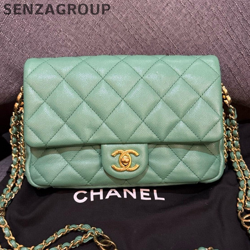 Chanel Classic Flap Green Gold Calfskin Chain Shoulder Crossbody Bag