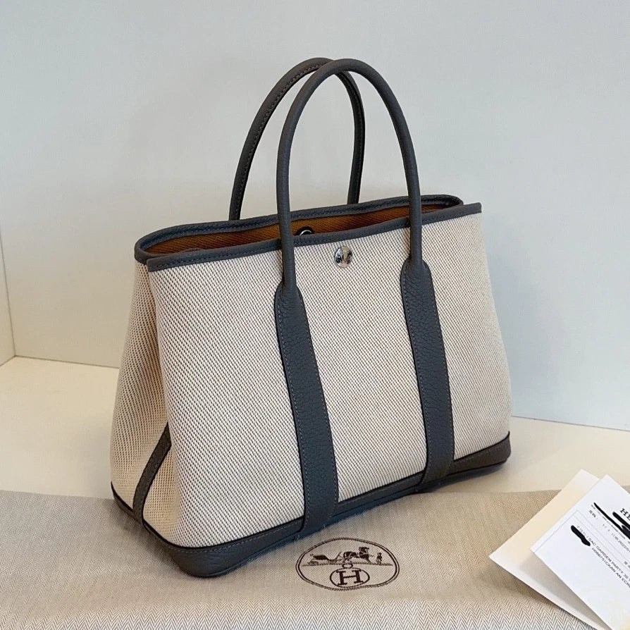 Hermes Garden Party30 Tote Top Handle Bag Ivory Gray Women Classic