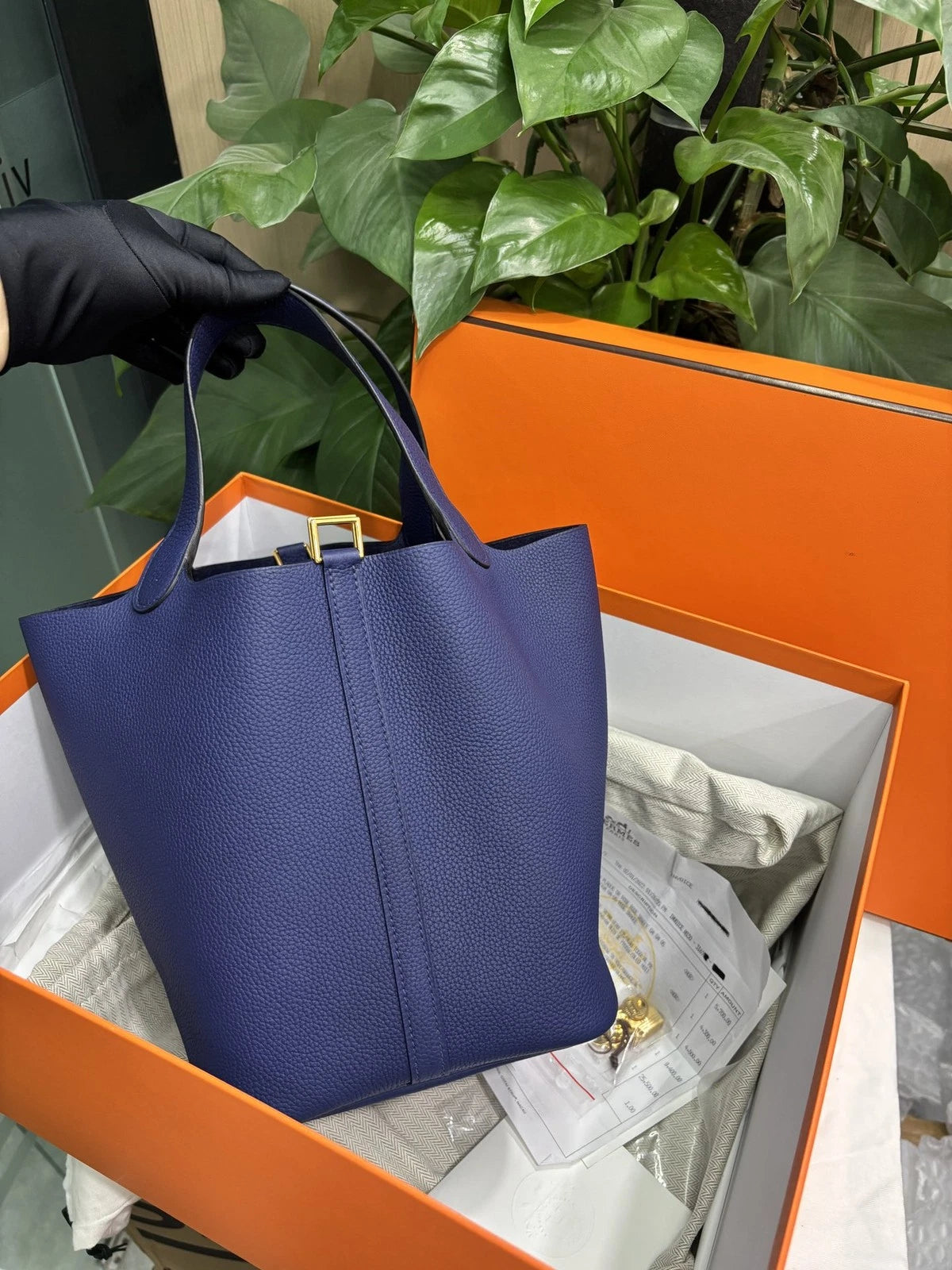 Hermes Picotion22 Bucket Top Handle Bag Blue Gold Used Women Classic