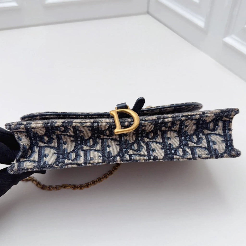 Christian Dior Oblique Canvas WOC Gold Chain Navy Shoulder Bag Crossbody