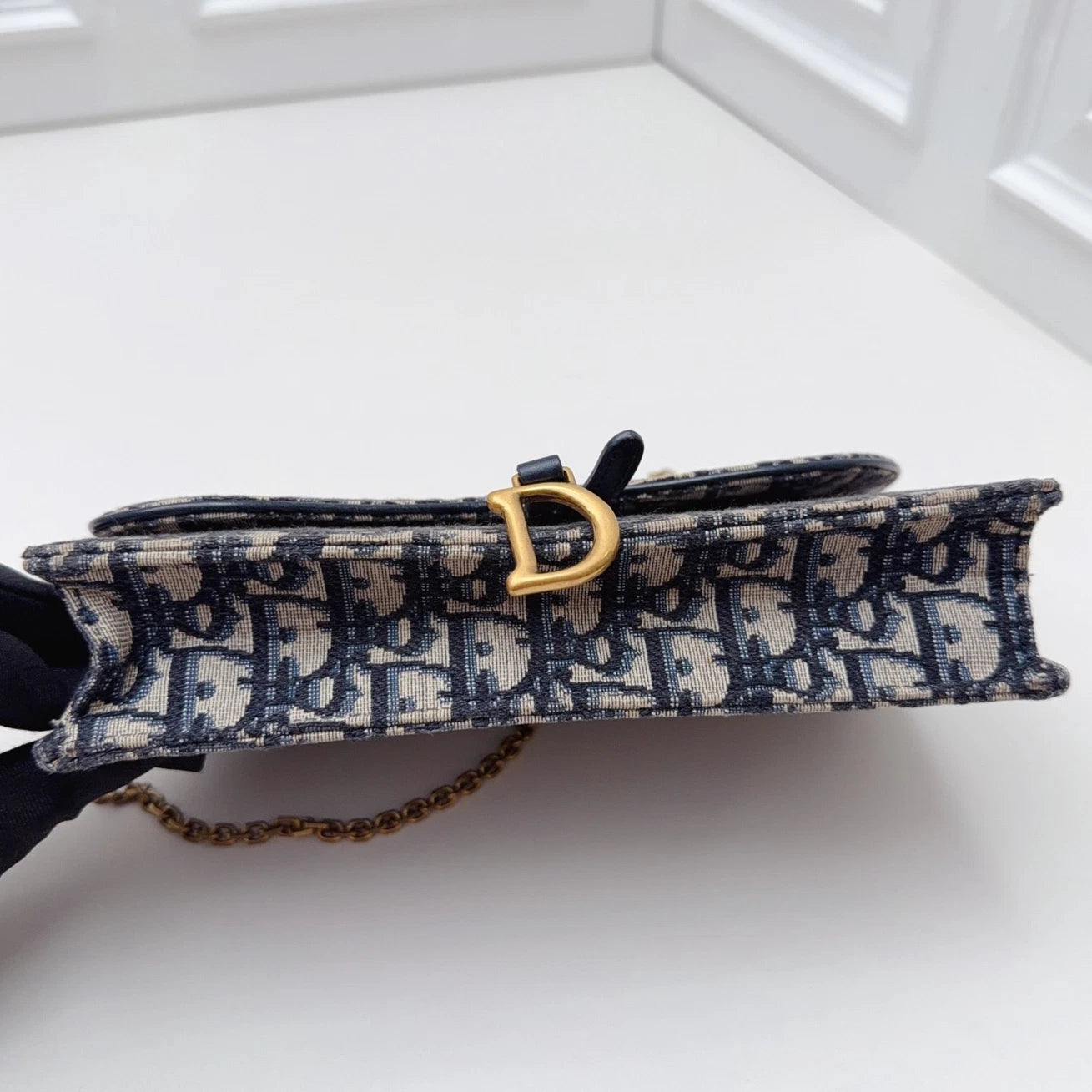 Christian Dior Oblique Canvas WOC Gold Chain Navy Shoulder Bag Crossbody