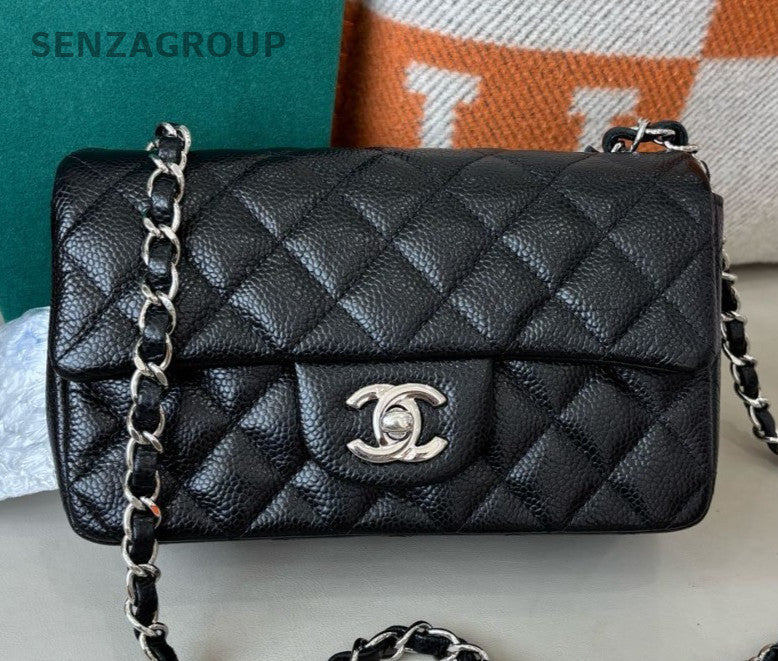 Chanel Classic Flap Chain Mini Shoulder Bag Crossbody Black Silver Diamond Women