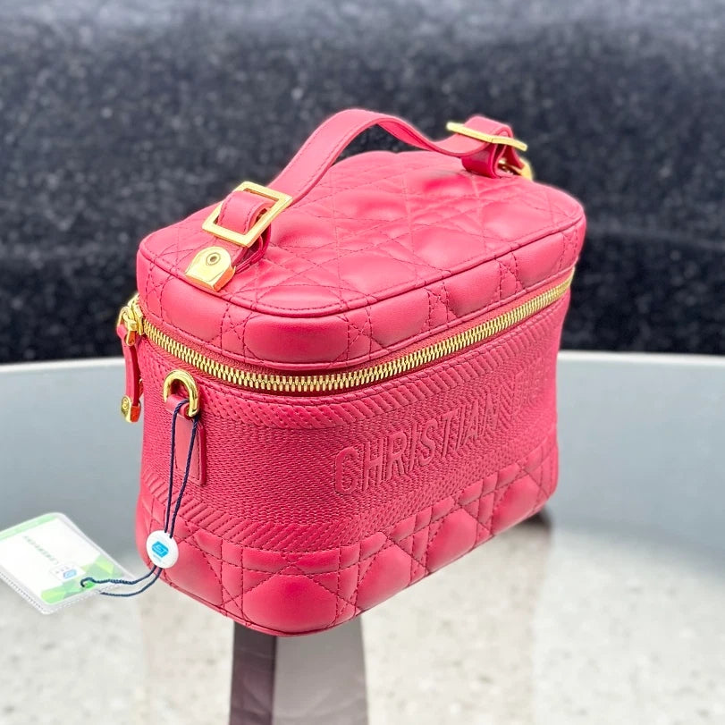 Christian Dior Travel Bag Calfskin Vanity Case Top Handle Bag Red Gold Women S