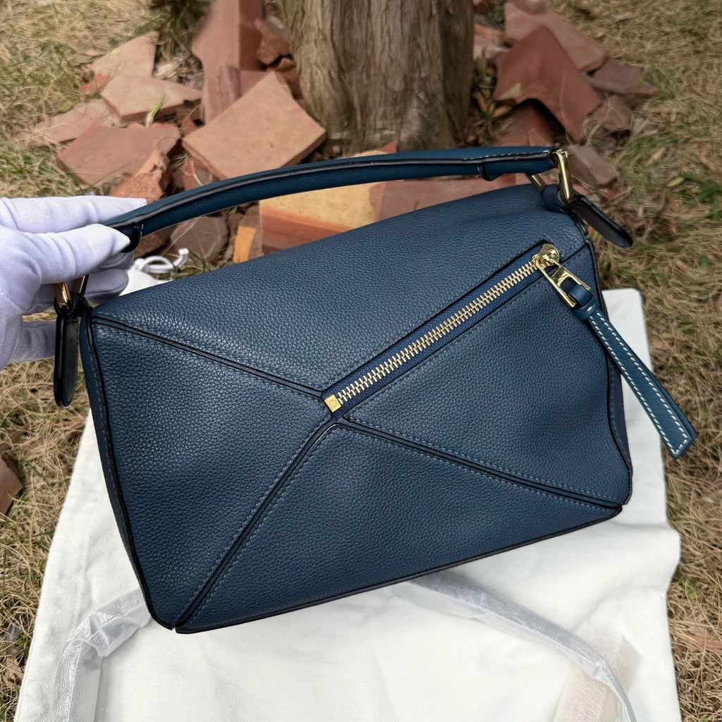 Loewe Puzzle PM Top Handle Crossbody Bag Blue Gold Women Classic
