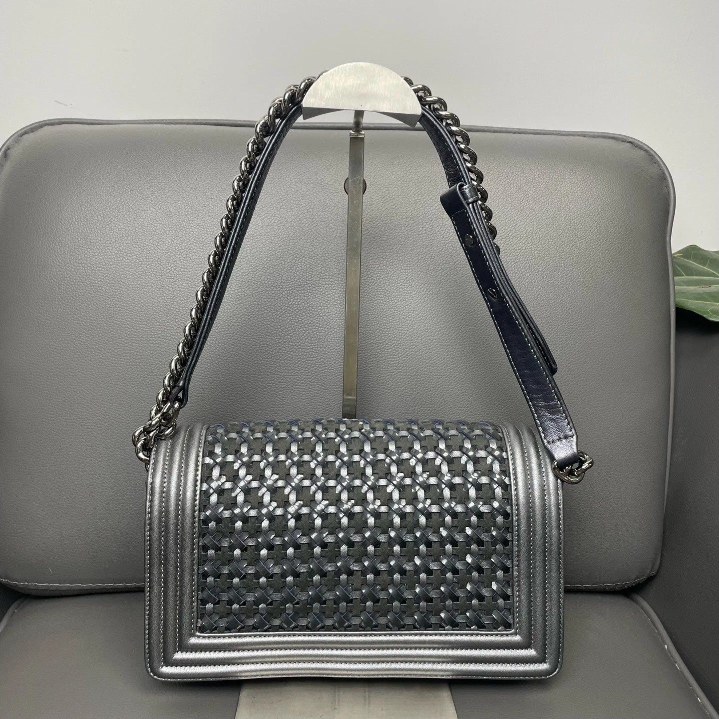 CHANEL Medium Leboy Woven Flap Silver Shoulder Crossbody Women