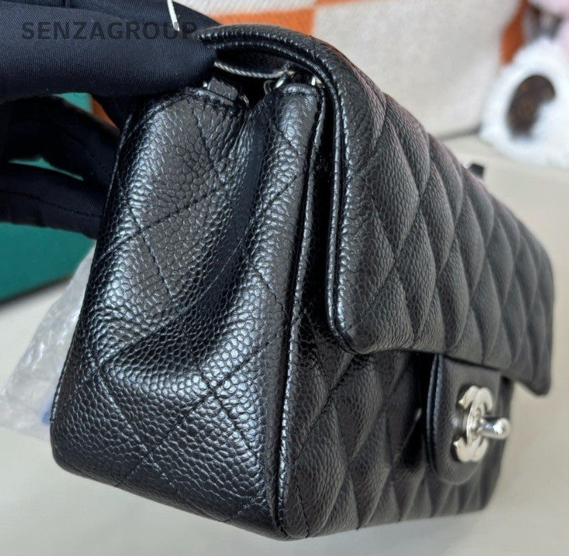 Chanel Classic Flap Chain Mini Shoulder Bag Crossbody Black Silver Diamond Women