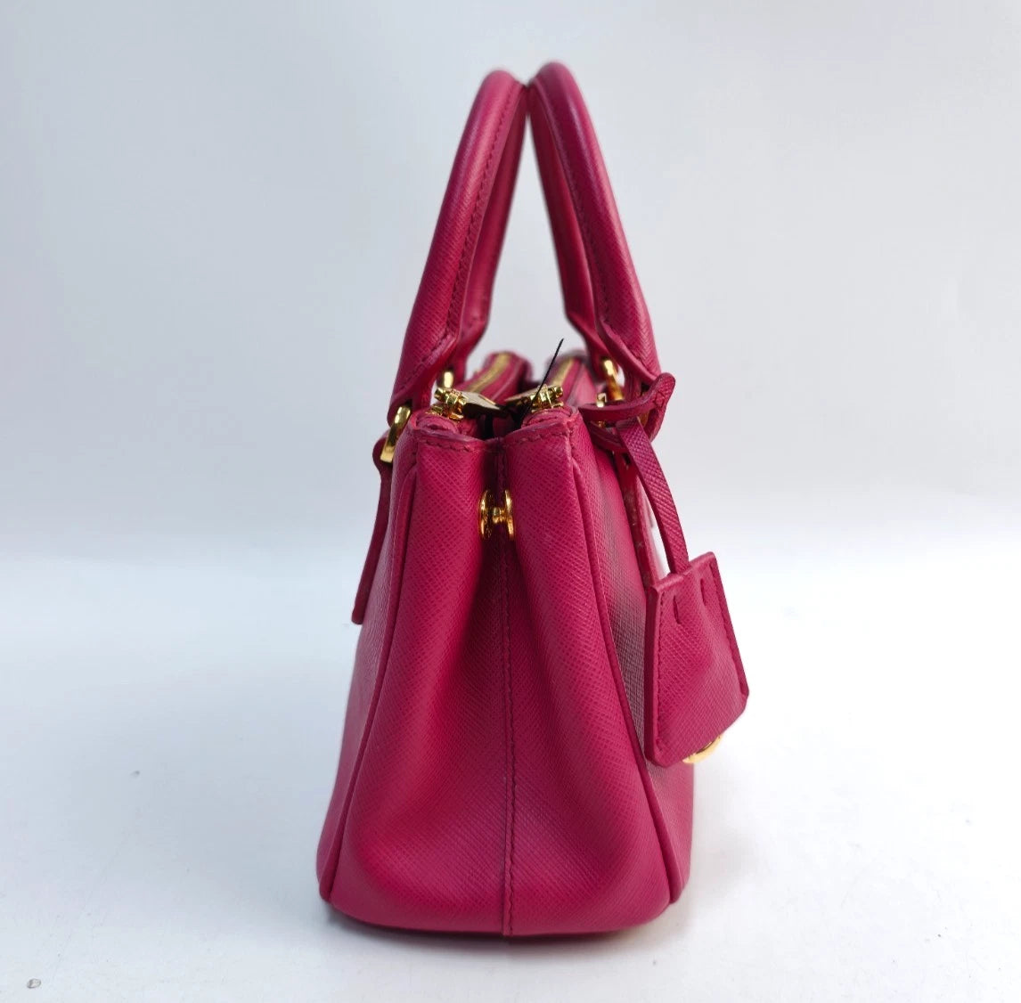Prada Galleria Mini 2Way Top Handle Bag Crossbody Rose Red Gold Classic Women