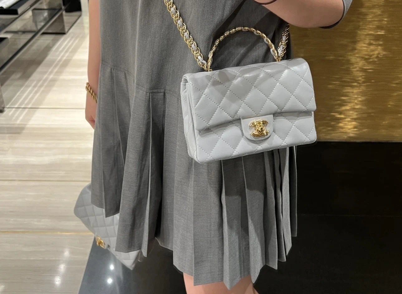 Authentic CHANEL Grey Lambskin Square CF Bag For Women