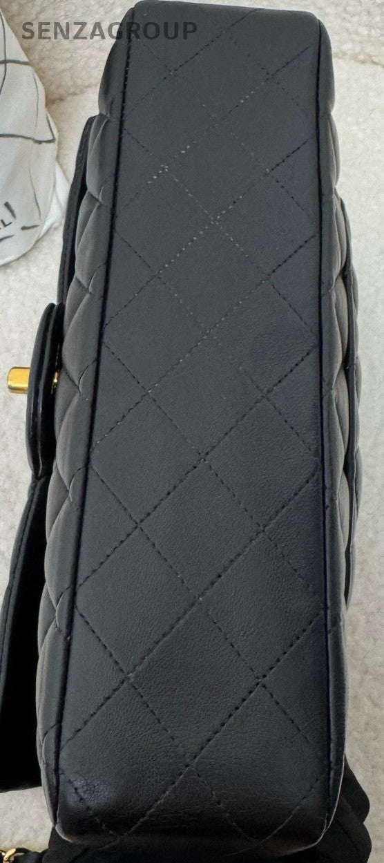 Chanel Classic Flap Lambskin MM Chain Shoulder Bag Black Gold Used Women