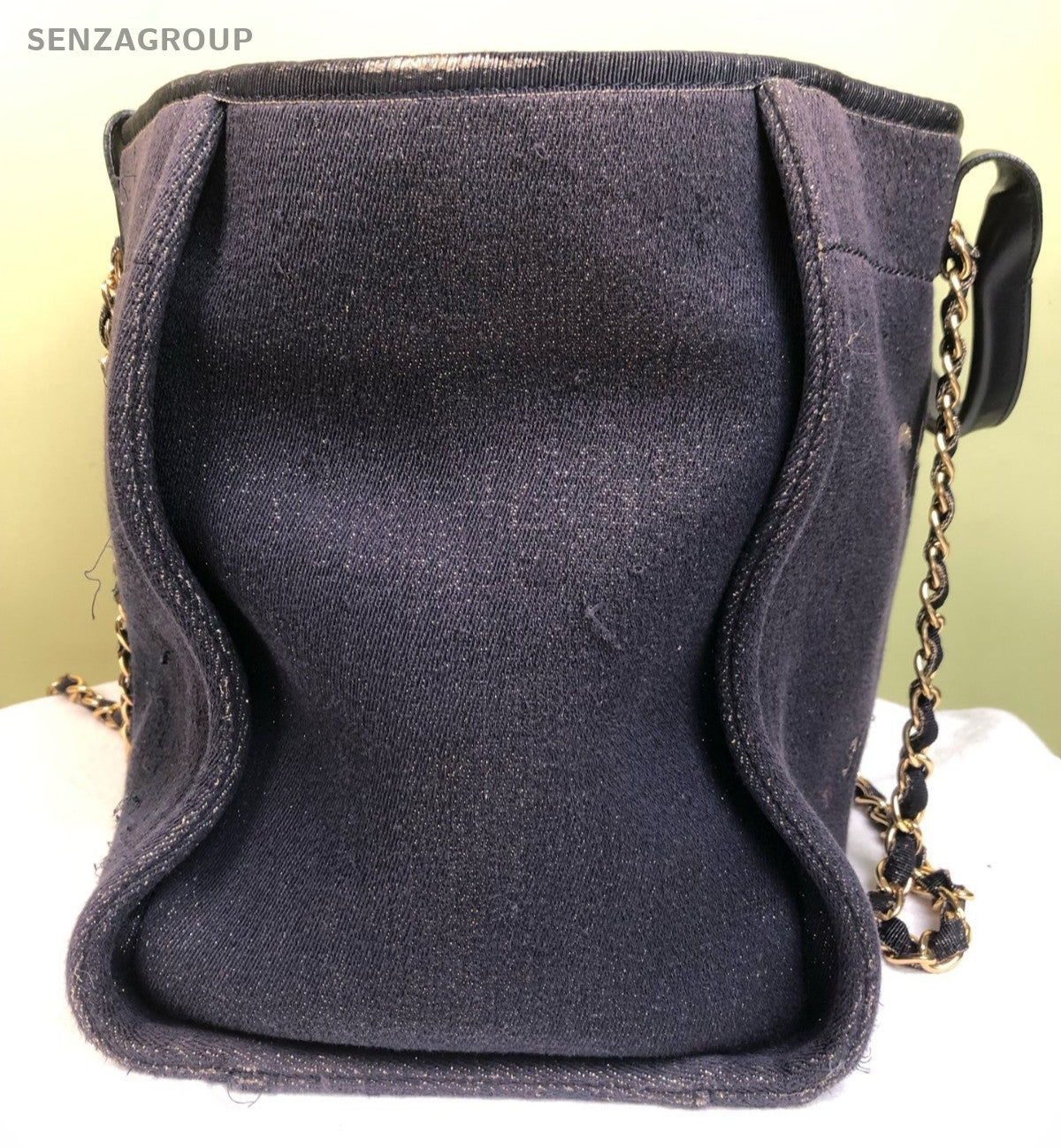 Chanel Denim Chain Tote Shoulder Bag Handbag Blue Gold Used Women Classic
