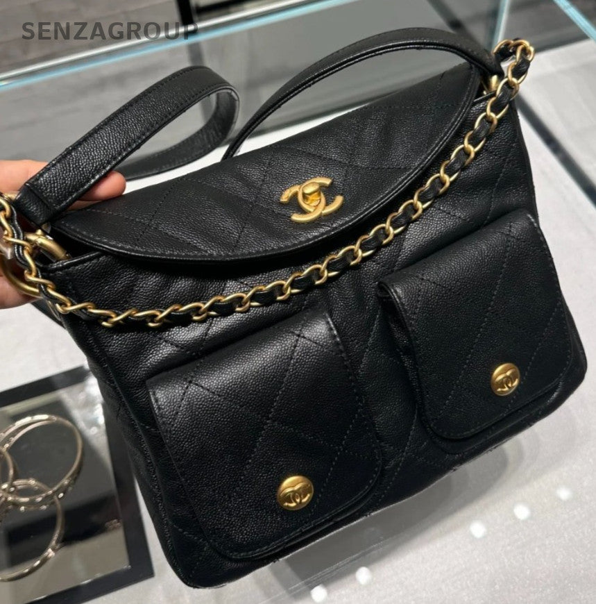 Chanel 25P PM Hobo Shoulder Bag Crossbody Black Gold Women Classic