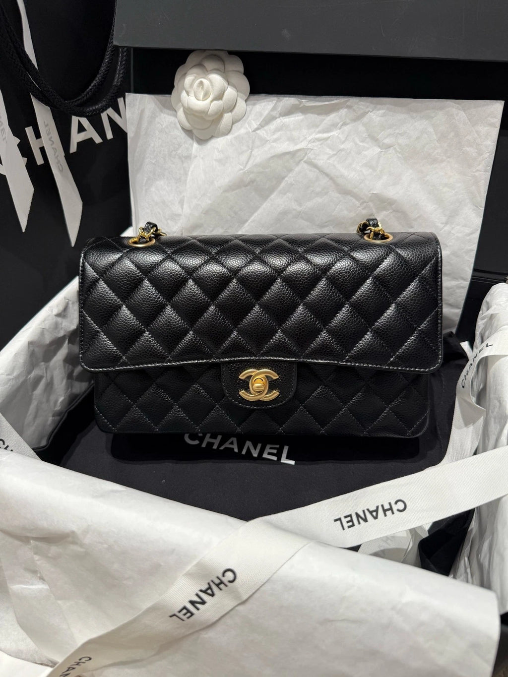 New Chanel Lamskin Black Gold Medium Shoulder Bag For Women