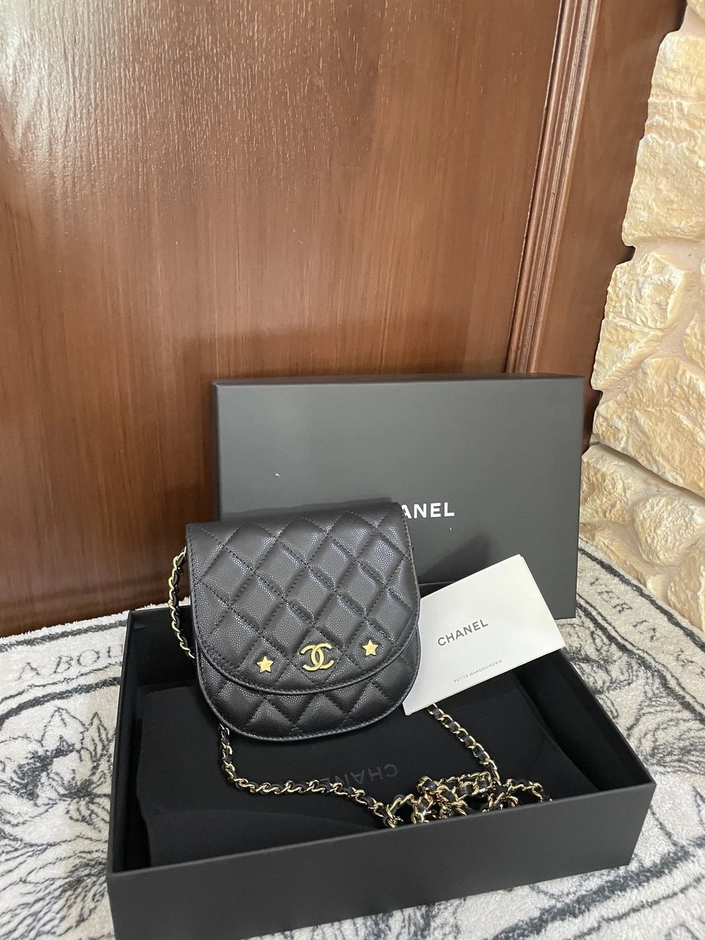Chanel Black Gold Caviar Leather Star Saddle WOC Chain Bag For Women