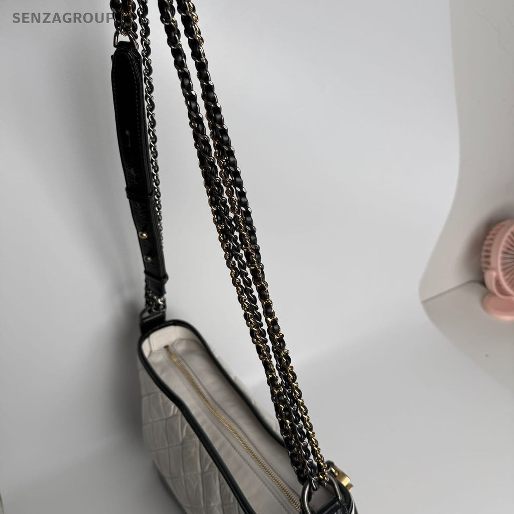 SJ0001 Chanel Gabrielle Medium Hobo Bag in Black & White Quilted Lambskin