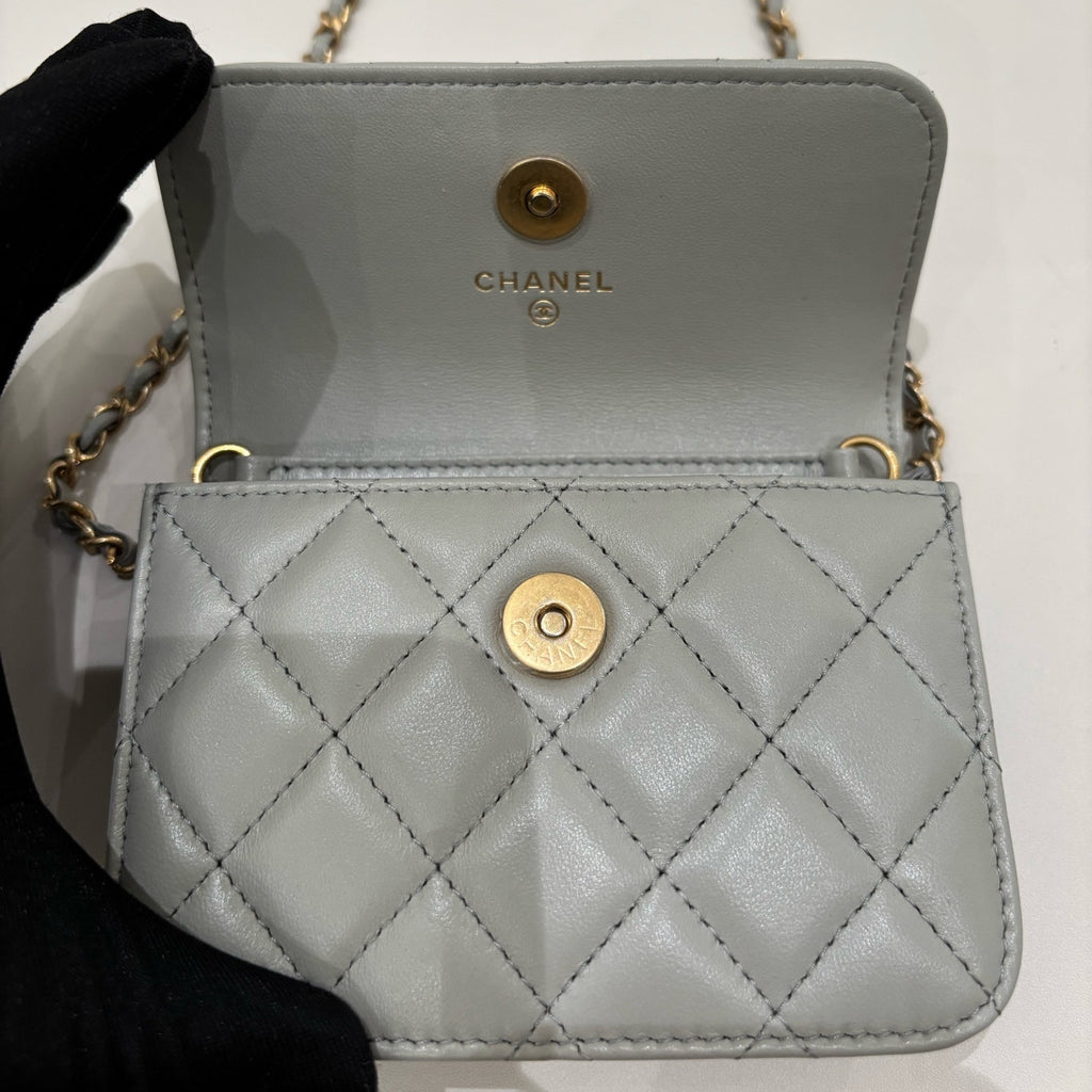 Chanel WOC Mini Grey Gold Quilted Chain Shoulder Crossbody Bag