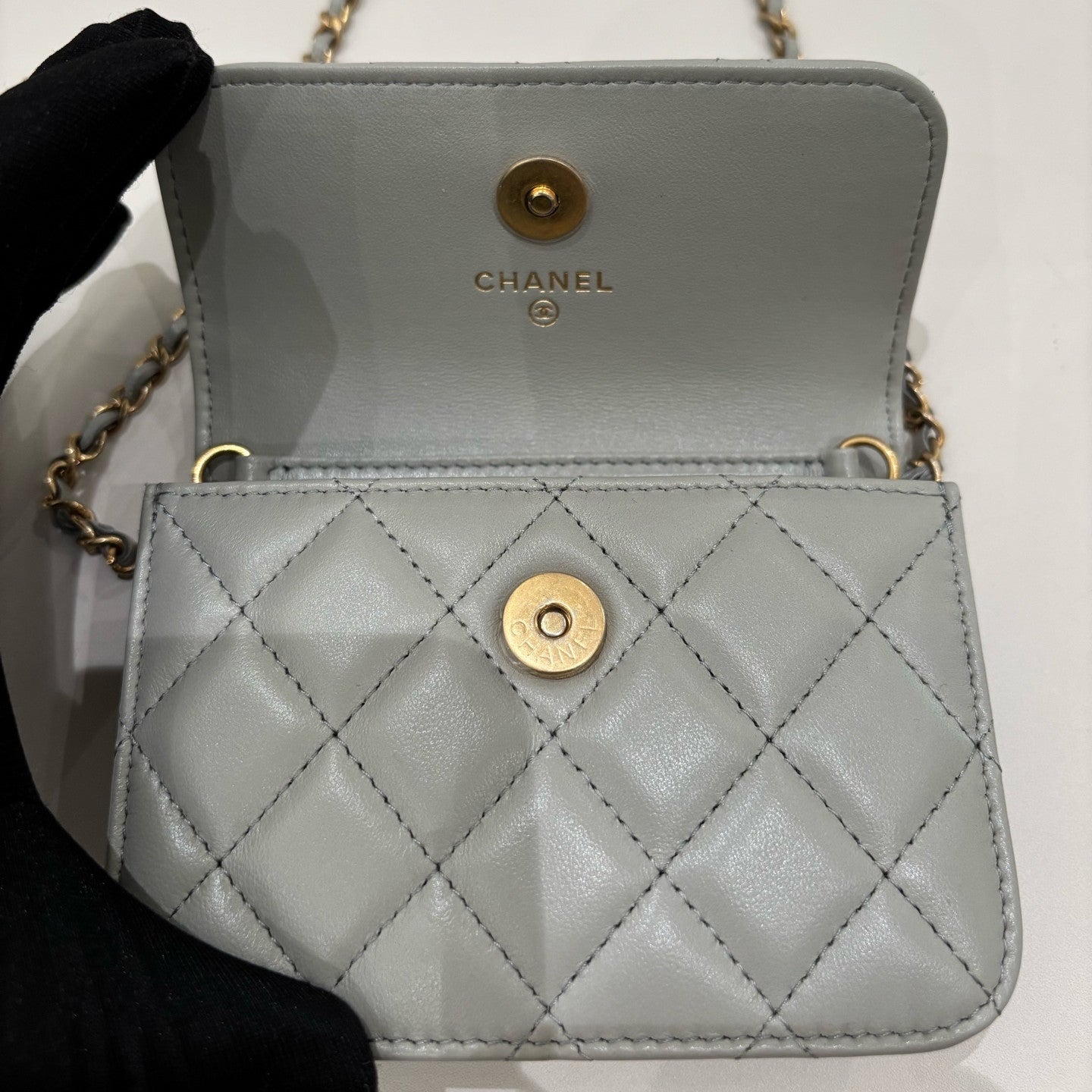 Chanel WOC Mini Grey Gold Quilted Chain Shoulder Crossbody Bag