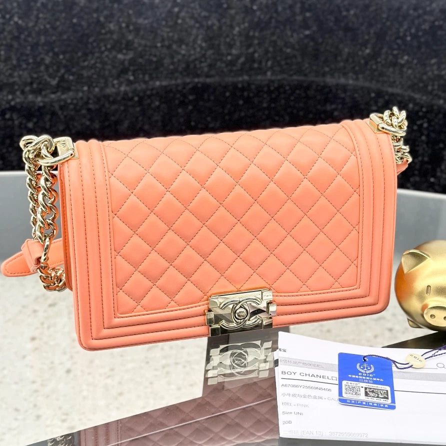 Chanel Leboy MM Calfskin Chain Shoulder Bag Crossbody Orange Gold Women S
