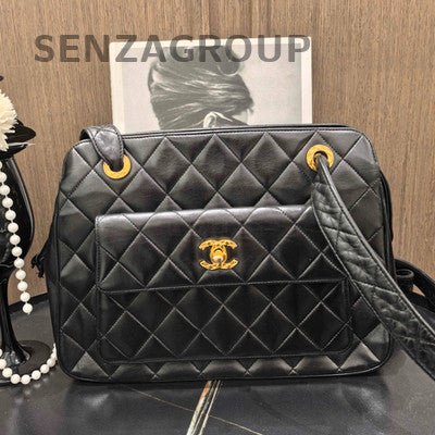 Vintage Chanel Black Gold Lambskin Quilted Shoulder Bag Classic Women