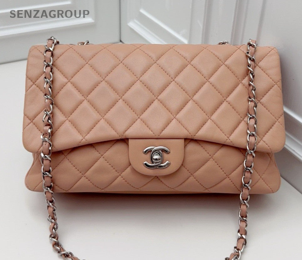 Chanel Classic Flap Lambskin Chain Shoulder Bag Peach Pink Silver Women Fashion
