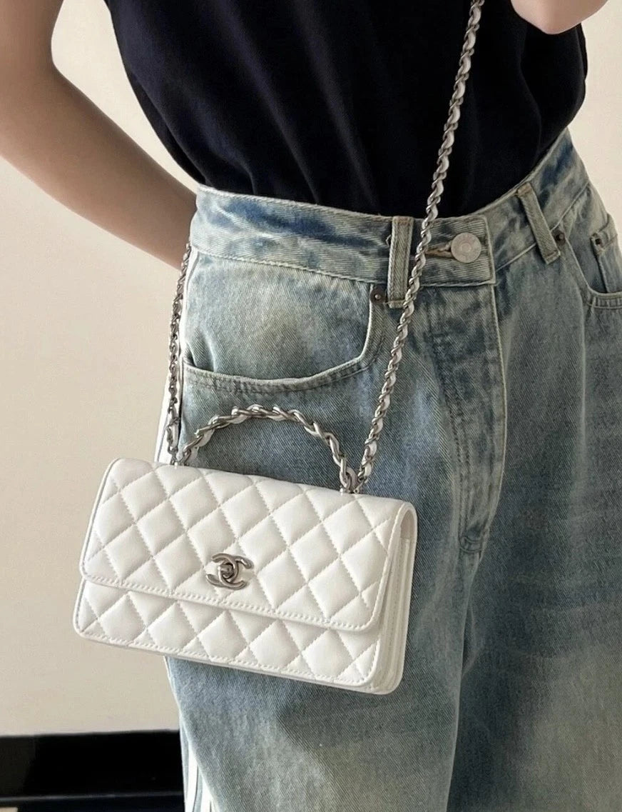 Chanel White Wrinkle Leather WOC Accordion Top Handle Bag For Women