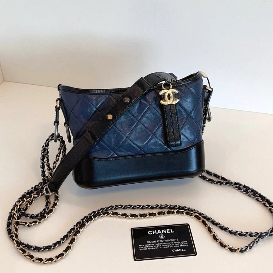 Chanel Gabrielle PM Chain Shoulder Crossbody Blue Gold Women Classic Fashion