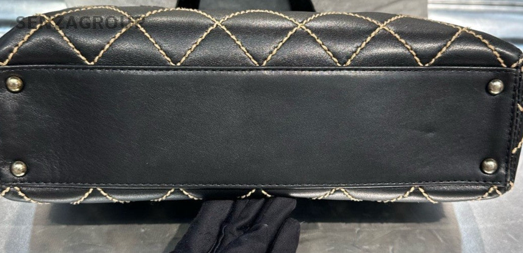 Chanel Calfskin Diamond Pattern Top Handle Bag Black Used Women Classic