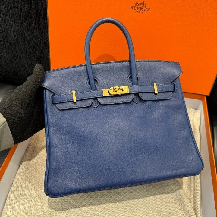 Hermes Birkin 25 Tote Swift Top Handle Bag Blue Gold Hardware Women D