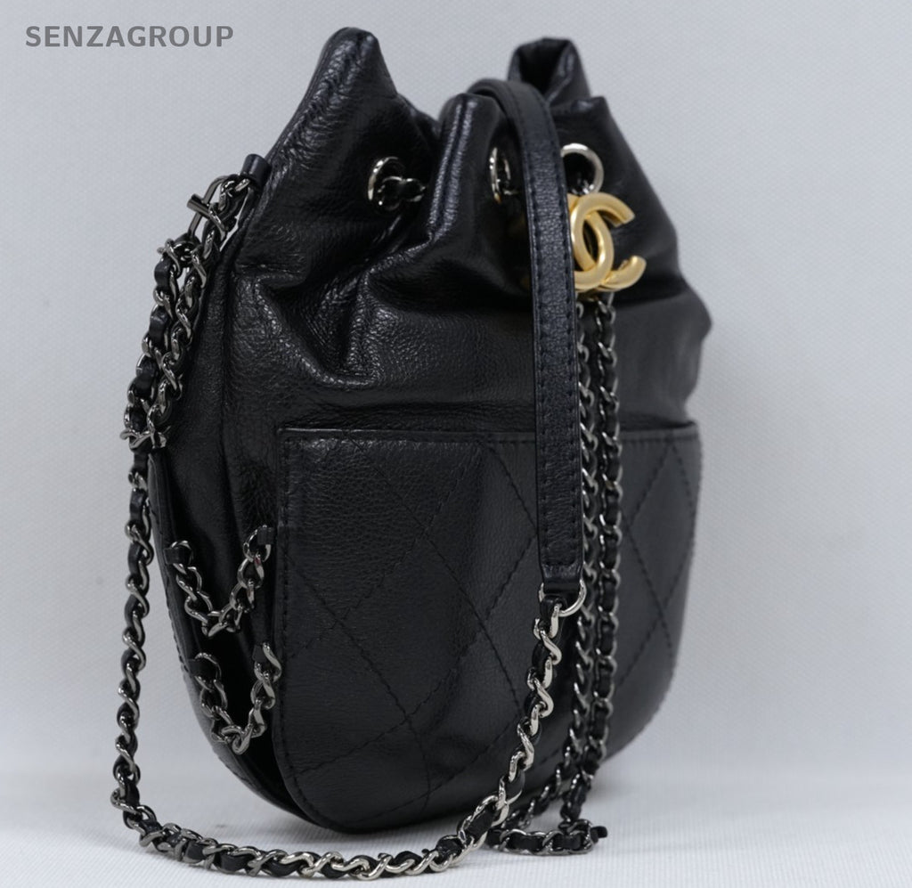 Chanel Calfskin Chain Drawstring Bucket Black Gold Silver Women Classic Fashion