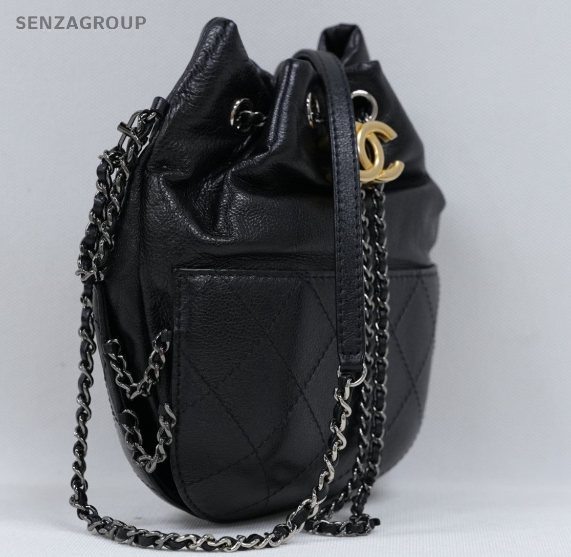 Chanel Calfskin Chain Drawstring Bucket Black Gold Silver Women Classic Fashion