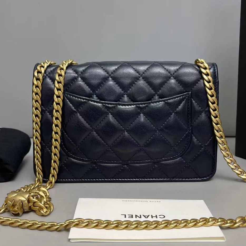 Chanel WOC Diamond Chain Shoulder Bag Crossbody Blue Gold Women Classic